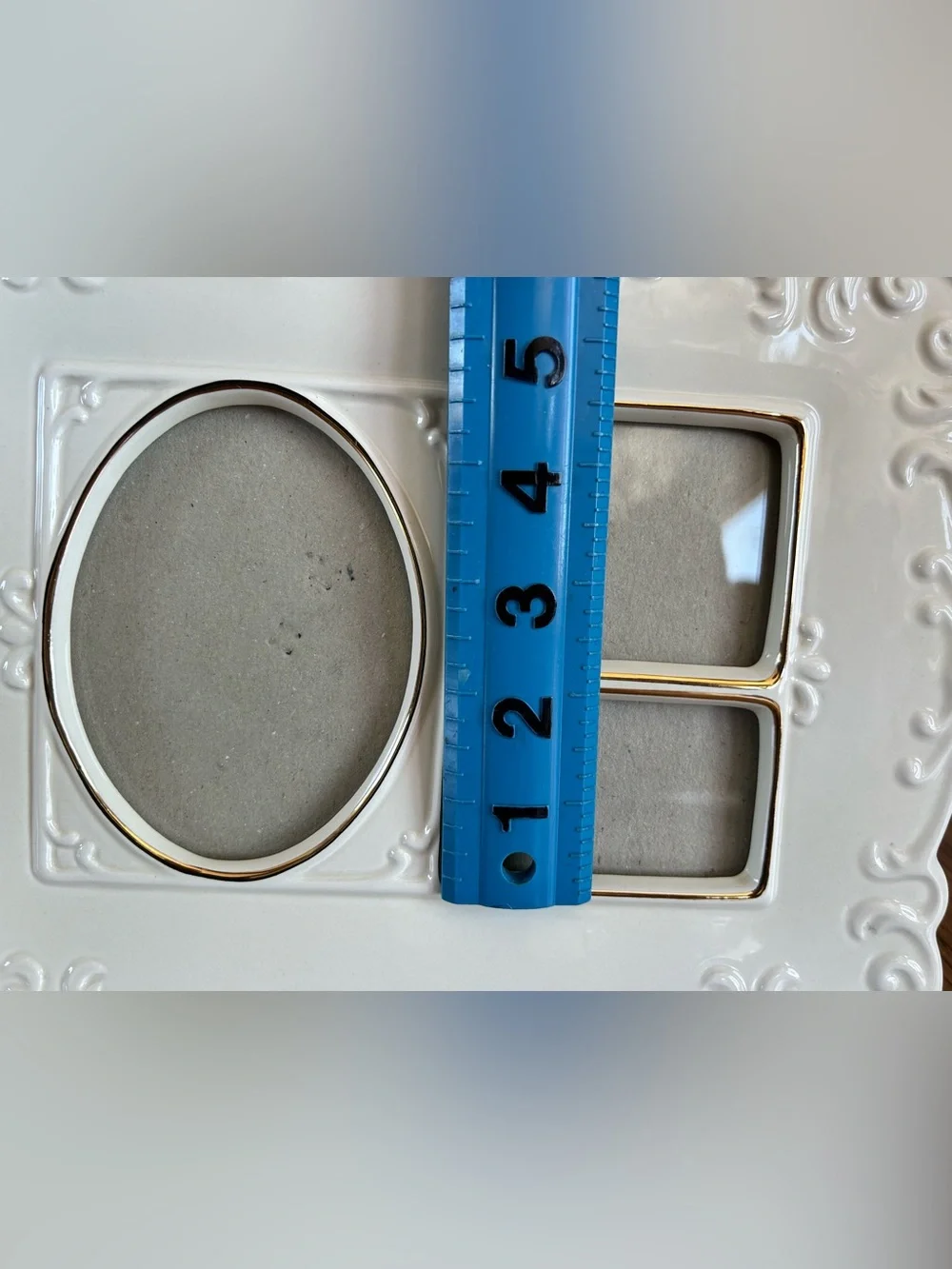 Vintage White Ceramic Collage Frame | Gold Trim, Embossed Scrollwork, Triple Pic